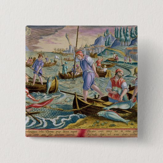 Fischerei mit Netzen und Dreizacken in der Bucht Button (Vorderseite)