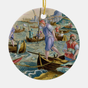 Fischerei mit Netzen und Dreizacken in der Bucht Keramikornament