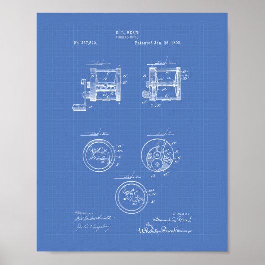Fischerei Rollen 1892 Patentart Blueprint Poster (Vorne)