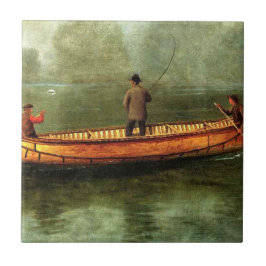 Fischerei von einem Kanu (Fischer in einem Holzboo Fliese