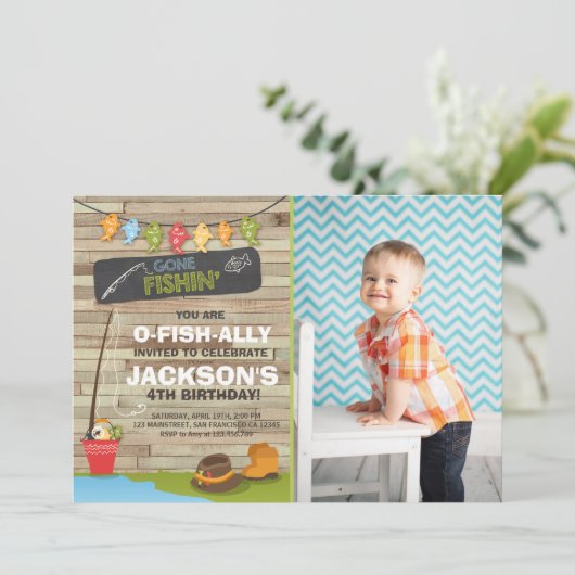 Fischerei zum Geburtstag Einladung Party Holzfisch (Stehend Vorderseite)