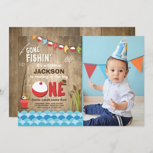Fischerei zum Geburtstag Einladung Party Holzfisch (Vorne/Hinten)