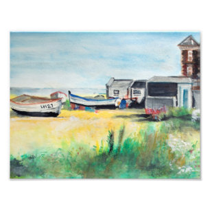 Fischereiboote und Aussichtsturm in Aldeburgh Fotodruck