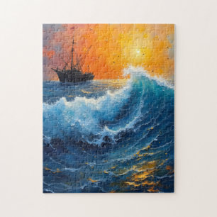 Fischereifahrzeug bei Sonnenaufgang auf dem Meer Puzzle