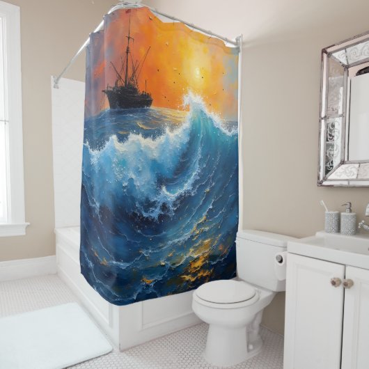 Fischereifahrzeug bei Sonnenaufgang im Meer Duschvorhang (Beispiel)