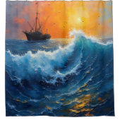 Fischereifahrzeug bei Sonnenaufgang im Meer Duschvorhang (Vorderseite)