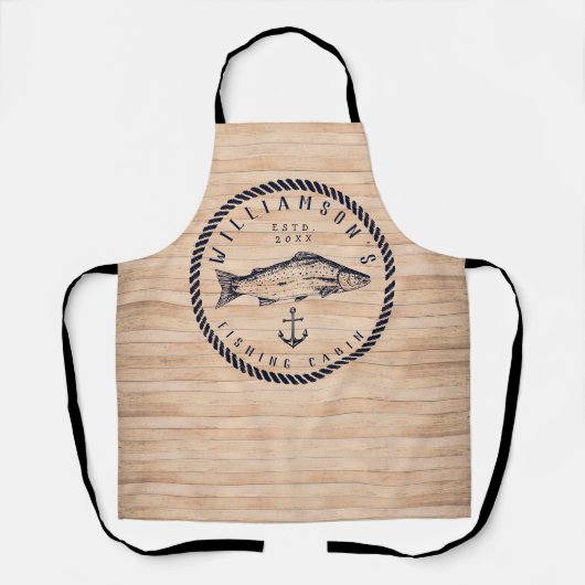 Fischereikabine Familienname Holz Navy Blau Rustik Schürze (Vorderseite)