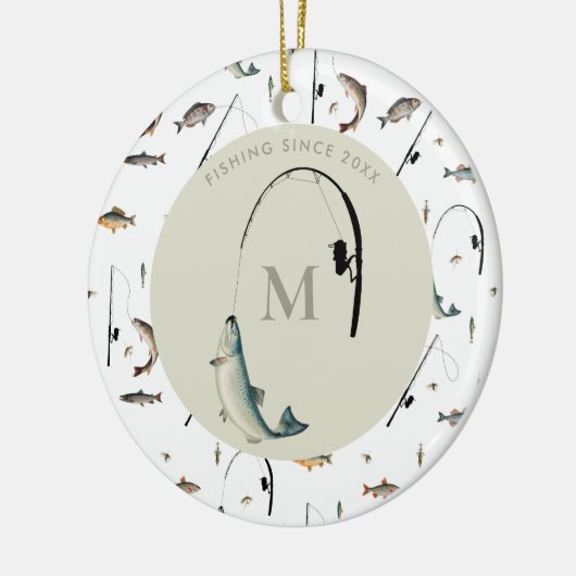 Fischereirod und Angelfisch Theme Fisherman Monogr Keramik Ornament (Links)