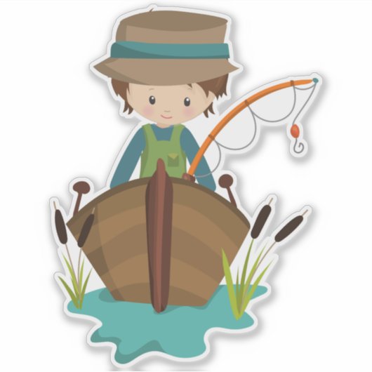 Fischerjunge, Fischer, Angelrute, Braunhaar Aufkleber (Vorderseite)