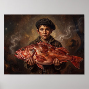 Fischerjunge mit rotem Fisch Gemälde Poster