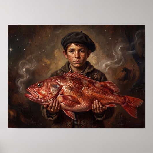 Fischerjunge mit rotem Fisch Gemälde Poster (Vorne)