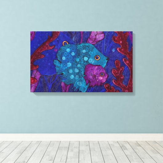 Fischfamilie in Algen, blau & Lila, Unterwasser Leinwanddruck (Insitu (Holzboden))