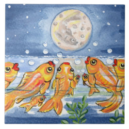 Fischfamilie & Moon Blue 6" Tile Trivet Fliese