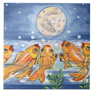 Fischfamilie & Moon Blue 6" Tile Trivet Fliese