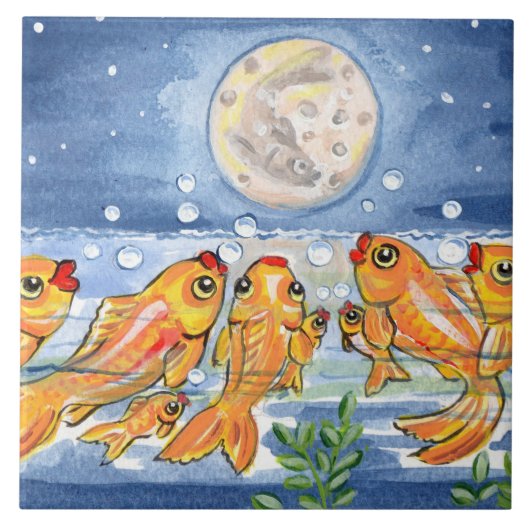 Fischfamilie & Moon Blue 6" Tile Trivet Fliese (Vorderseite)