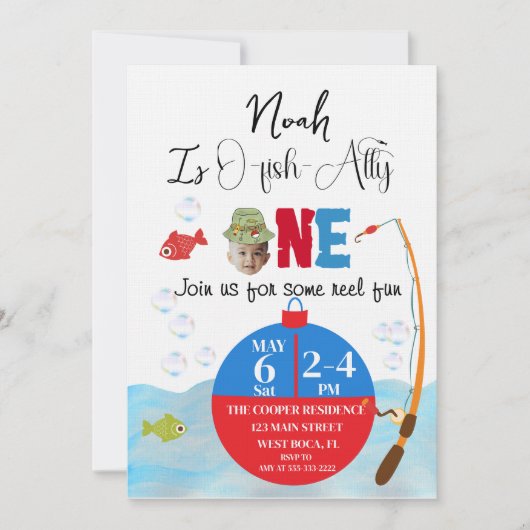 Fischfang 1. Geburtstag O-Fisch-Verbundene Einladu Einladung (Vorderseite)