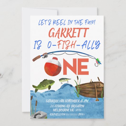 Fischfang am 1. Geburtstag Einladung (Vorderseite)