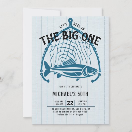 Fischfang Net Blue Lässig Fun Männer 50. Geburtsta Einladung (Vorderseite)