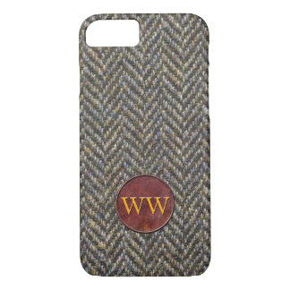 Fischgrätenmuster-Tweed und Leder-Monogramm iPhone 8/7 Hülle