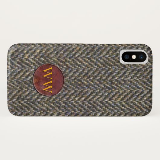 Fischgrätenmuster-Tweed und Leder-Monogramm Case-Mate iPhone Hülle (Rückseite (Horizontal))