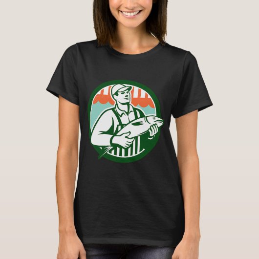 Fischhändler hält Fisch Kreis Retro T-Shirt (Vorderseite)