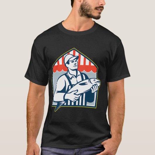 Fischhändler hält Retro-Fisch T-Shirt (Vorderseite)