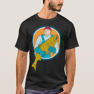 Fischhändler Lachs Fisch Kreis Cartoon T-Shirt