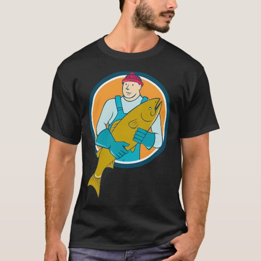 Fischhändler Lachs Fisch Kreis Cartoon T-Shirt (Vorderseite)