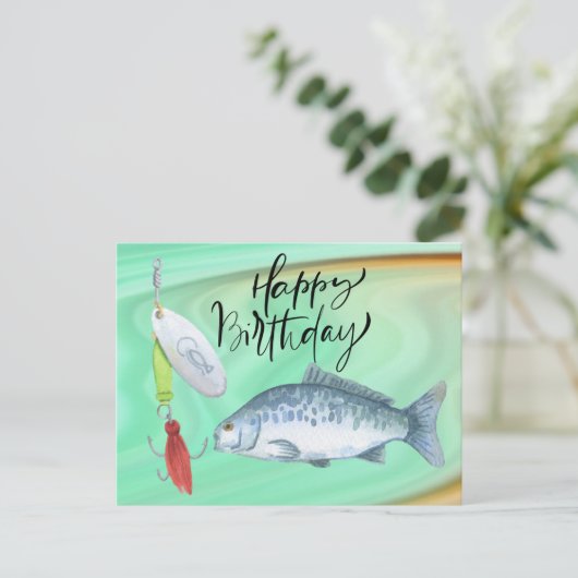 Fischliebhaber Geburtstag mit Fischhaken Aquarell Postkarte (Stehend Vorderseite)