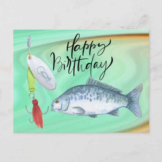 Fischliebhaber Geburtstag mit Fischhaken Aquarell Postkarte (Vorderseite)