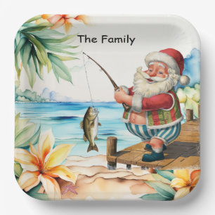Fischliebhaber Santa fischt Weihnachten im Juli Pappteller