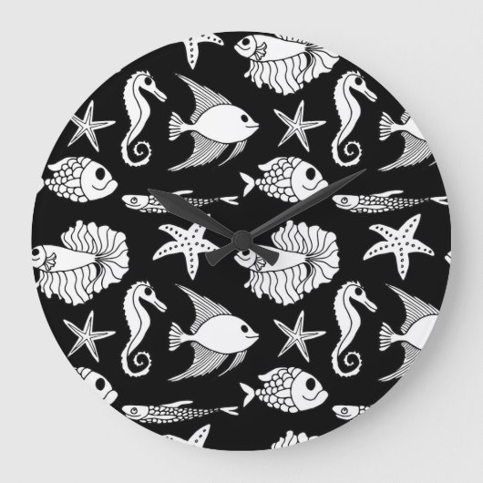 Fischmotiv: Schwarz-weißes Muster. Große Wanduhr (Vorderseite)