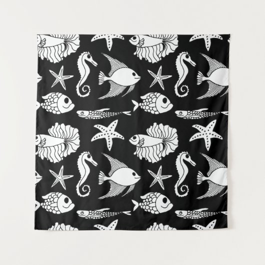 Fischmotiv: Schwarz-weißes Muster. Wandteppich (Vorderseite)