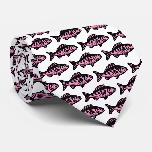 Fischmuster - Schwarz und Rosa auf Weiß Krawatte (Gerollt)