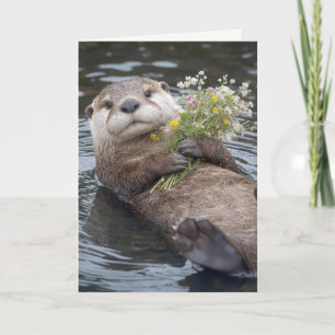 Fischotter mit wildem Blumenstrauß schwimmend Karte