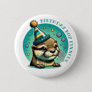 Fischotter-Thema Blau Jungen-Geburtstag Personalis Button