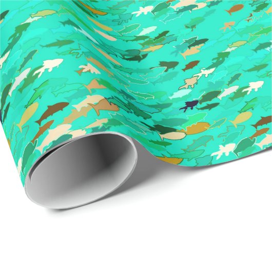 Fischschule, Aqua, Green und Gold Geschenkpapier (Rolleneckpunkt)