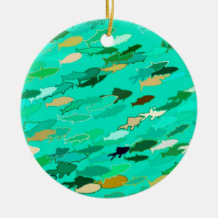 Fischschule, Aqua, Green und Gold Keramikornament