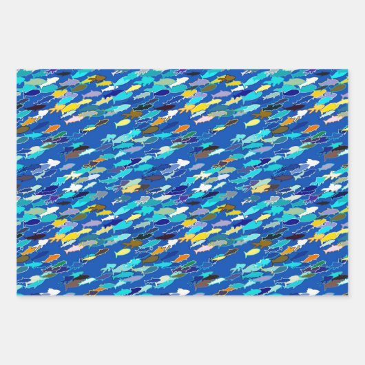 Fischschule, Dark Blue, Aqua und Türkis Geschenkpapier Set (Vorderseite)