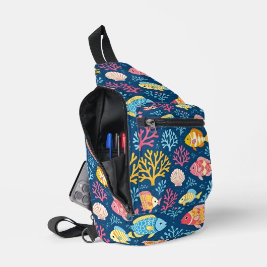 Fish and coral nautical blue crossbody bag (Offen)