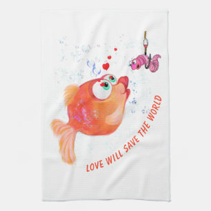 Fish and Worm Kitchen Towel Love Cartoon Painting Geschirrtuch