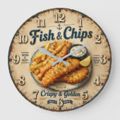 Fish & Chips Vintage Kitchen Große Wanduhr (Vorderseite)