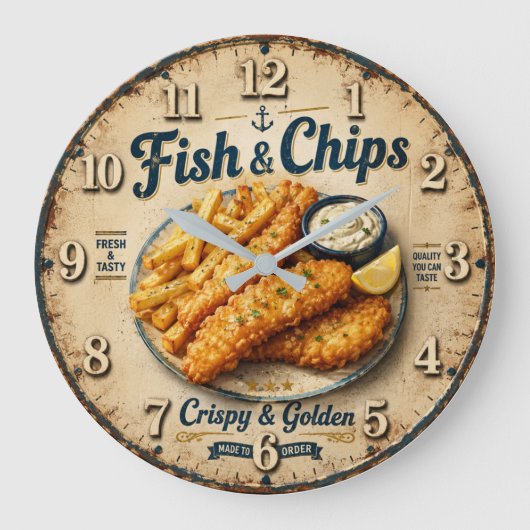 Fish & Chips Vintage Kitchen Große Wanduhr (Vorderseite)