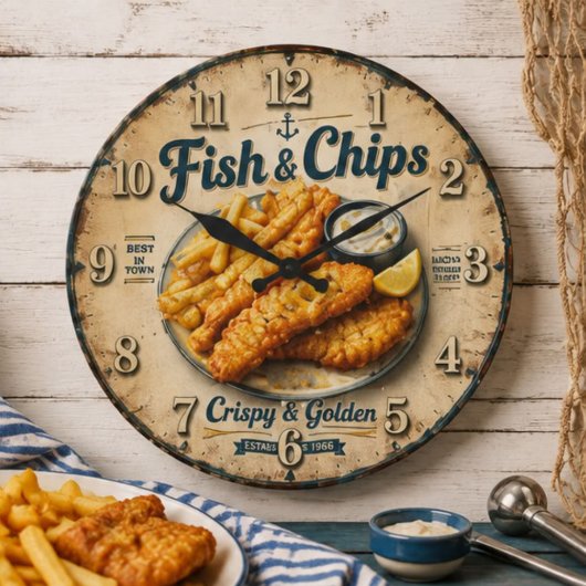 Fish & Chips Vintage Kitchen Große Wanduhr