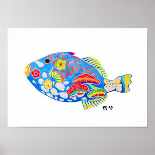 Fish colored Okinawan traditional design Poster