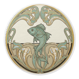 Fish Green Cream & Gold Art Deco Nouveau Ocean Sea Keramikknauf