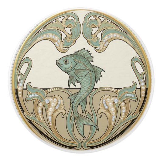 Fish Green Cream & Gold Art Deco Nouveau Ocean Sea Keramikknauf (Vorderseite)
