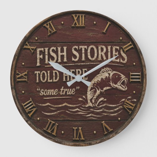 Fish Stories Told Here Funny Fishing Decor Große Wanduhr (Vorderseite)