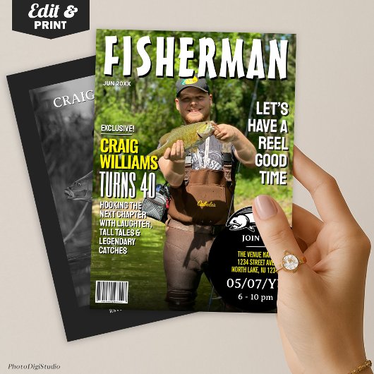 Fisherman Birthday Invite, Fishing Magazine Einladung