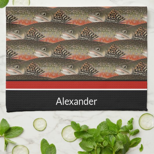 Fisherman Brook Trout Fish Design Schwarz-weiß Rus Geschirrtuch (Gefaltet)